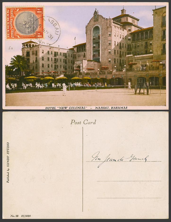 Bahamas 1d 1931 Old Colour Postcard Nassau, HOTEL NEW COLONIAL, Sans Studio N.22