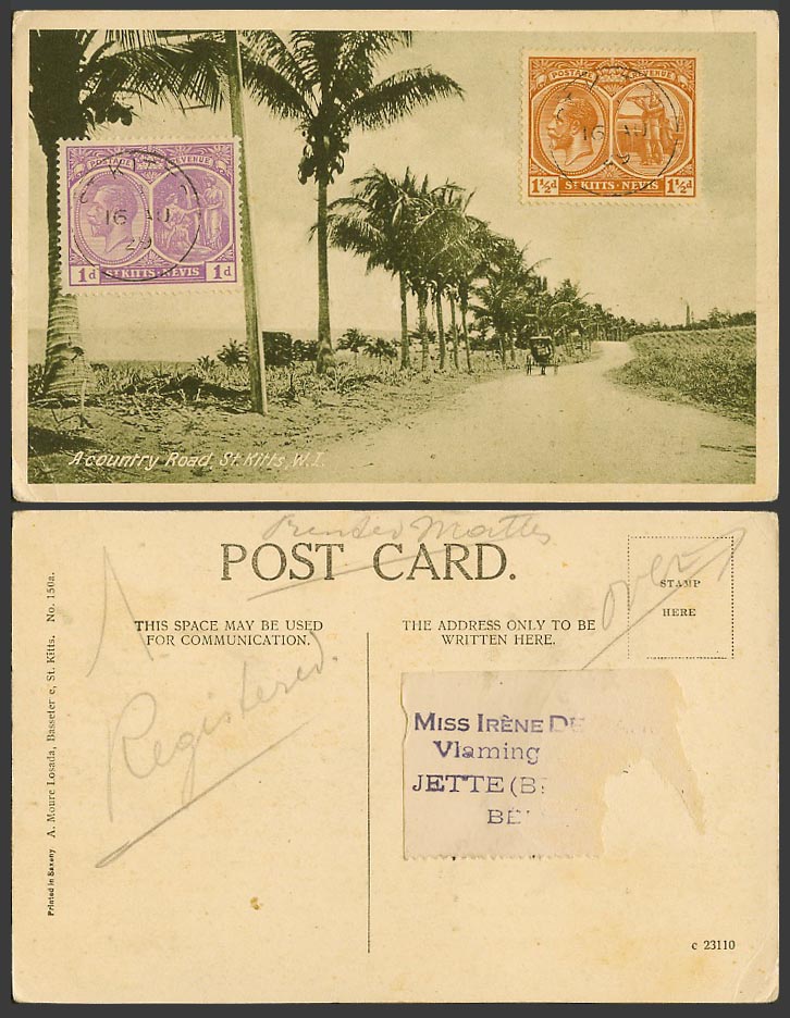 Saint St. Kitts, KG5 1d 1 1/2d 1929 Old Postcard A Country Road, Palm Trees W.I.