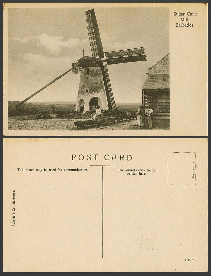 Barbados Old Postcard Sugarcane Sugar Cane Mill Windmill, Native Workers Men BWI