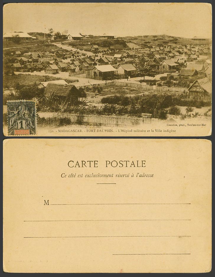 Madagascar Old Postcard Fort Dauphin, Military Hospital Native Town Street scene