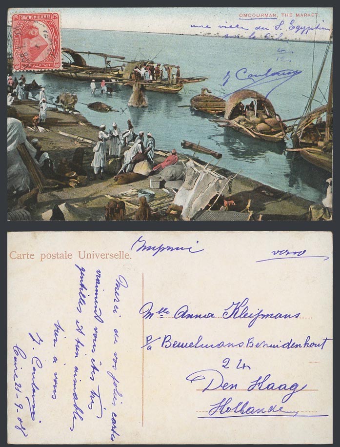 Sudan Egypt 4m 1908 Old Postcard Omdurman Market Native Boats Sellers, Omdourman