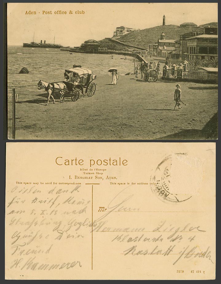 Aden Yemen Old Postcard Post Office and Club, Horse Cart, Lighthouse, Steam Ship