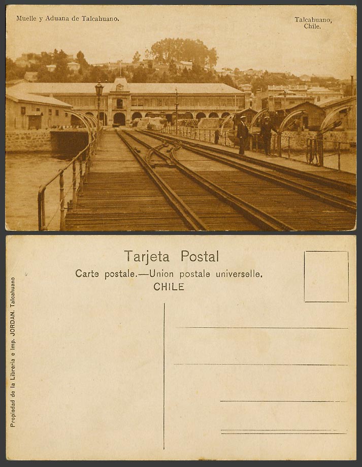 Chile Old Postcard Muelle Aduana de Talcahuano Dock and Customs Railroad Railway