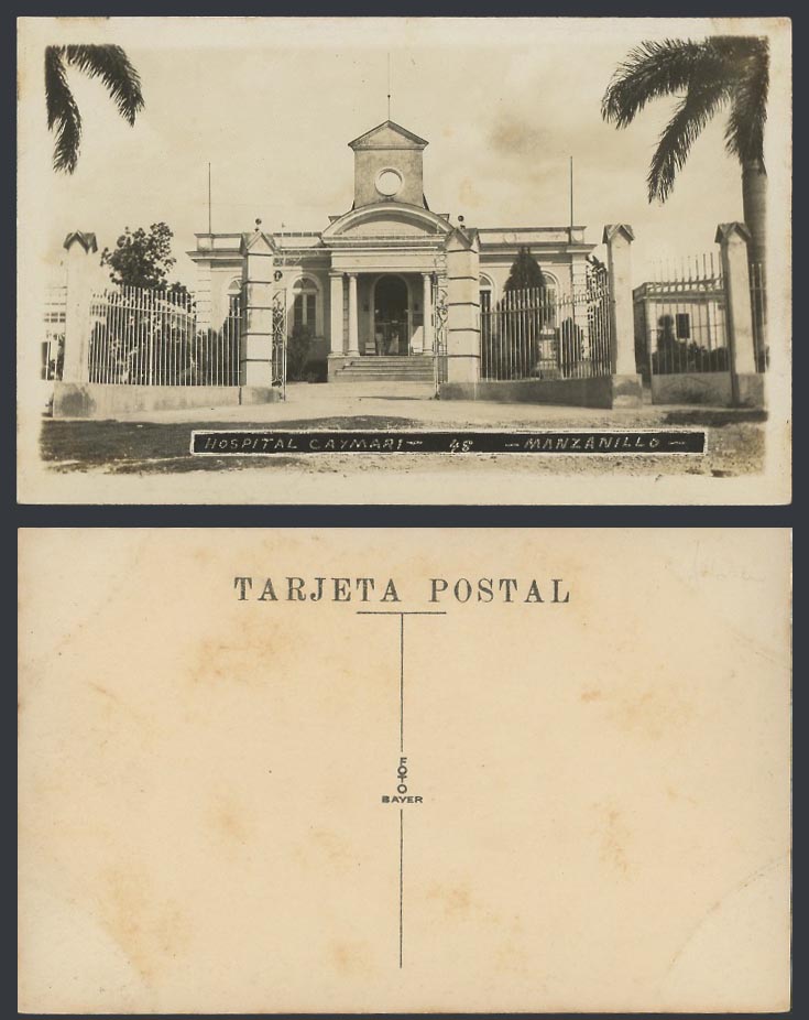 Mexico Old Real Photo Postcard Manzanillo Hospital Caymari, Entrance Gate, Palms