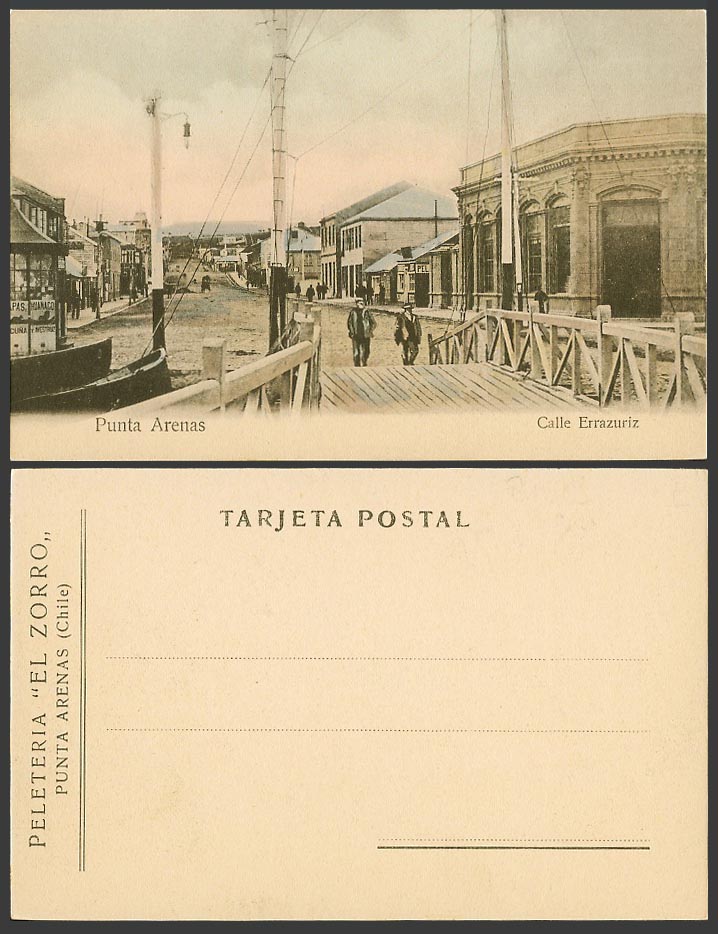 Chile Old Hand Tinted Postcard Punta Arenas Calle Errazuriz Street Scene, Bridge
