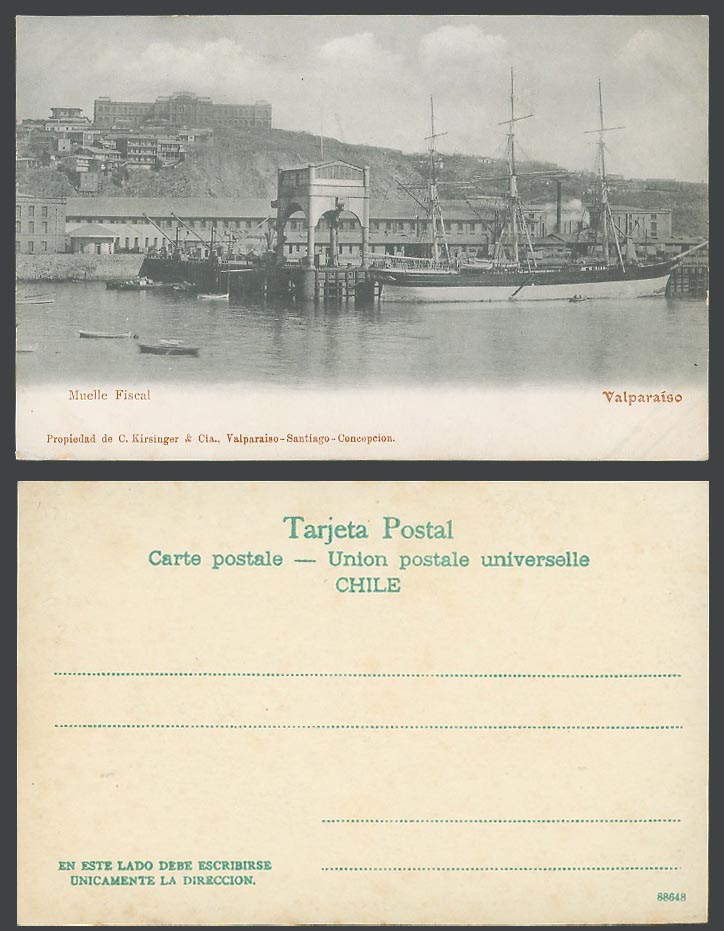 Chile Old UB Postcard Valparaiso Muelle Fiscal Dock Harbour Ships Boats Panorama