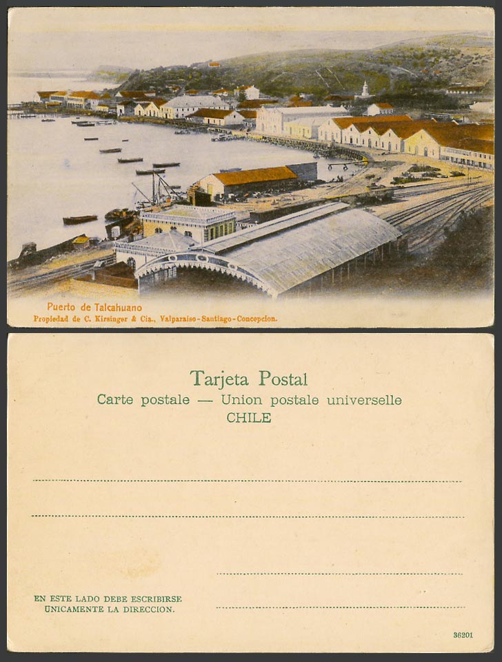 Chile Old UB Colour Postcard Puerto de Talcahuano Harbour Boats Hills & Panorama