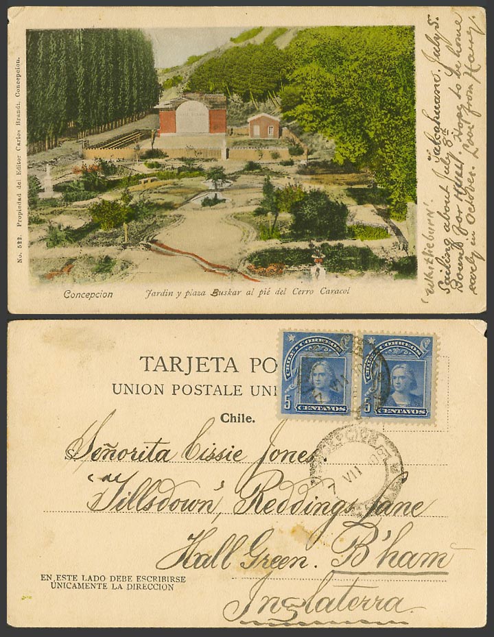 Chile 1910 Old Postcard Concepcion Jardin, Plaza Buskar al pie del Cerro Caracol