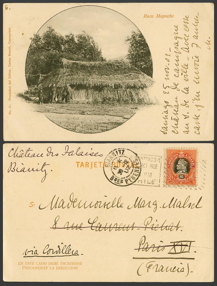 Chile to France 10c 1902 Old UB Postcard Ruca Mapuche - Native House Hut and Men