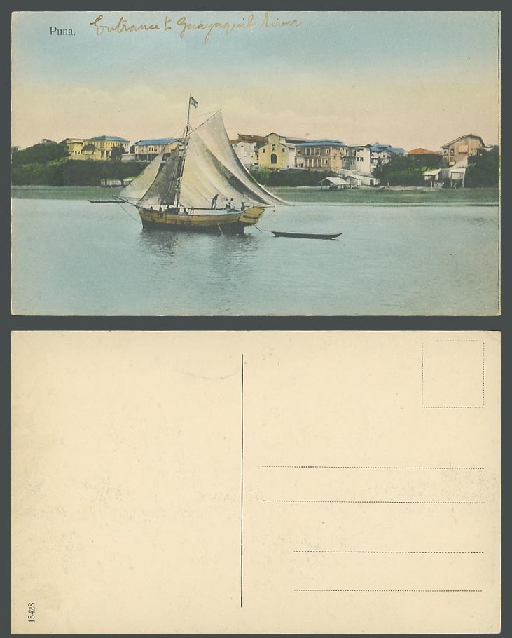 Ecuador Old Hand Tinted Postcard Puna Puná Island, Sailing Boat Ship, Panorama