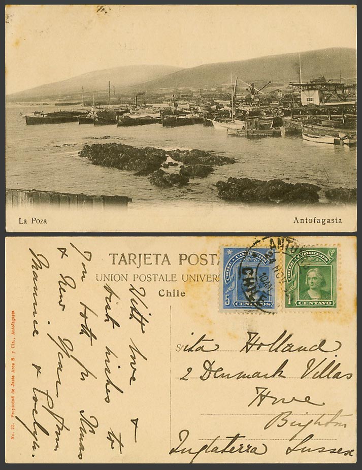 Chile 1c 5c stamps Old Postcard Antofagasta La Poza Boats Ships Harbour Panorama