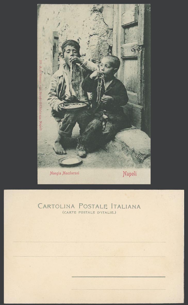 Italy Old Postcard Napoli Naples MANGIA MACCHERONI Boy Eating Macaroni Spaghetti
