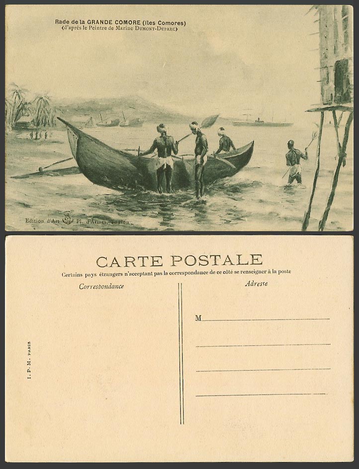 Comoros Old Postcard Native Fishing Boat Canoe Fishermen by Marine Dumont-Duparc