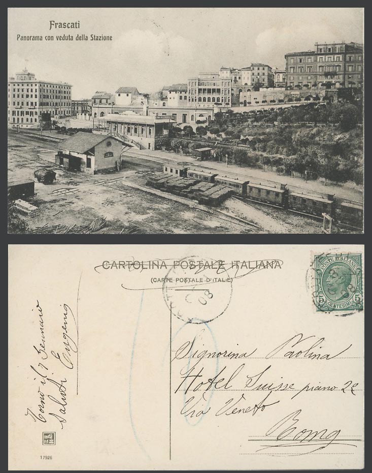 Italy 1908 Old Postcard FRASCATI Panorama veduta Stazione, Train Railway Station