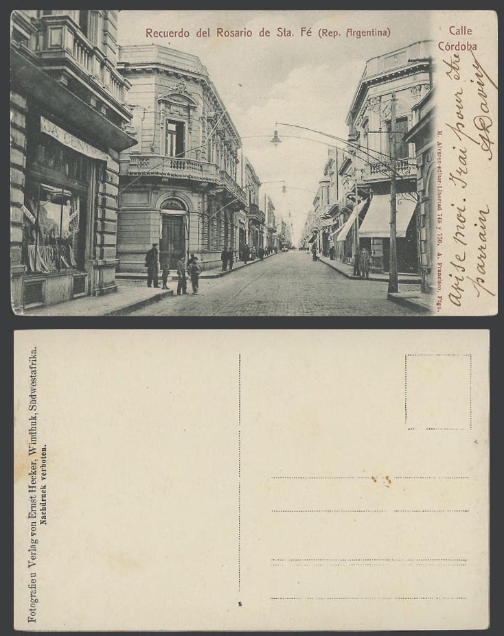 Argentina 1905 Old Postcard Recuerdo del Rosario Sta. Calle Cordoba Street Scene