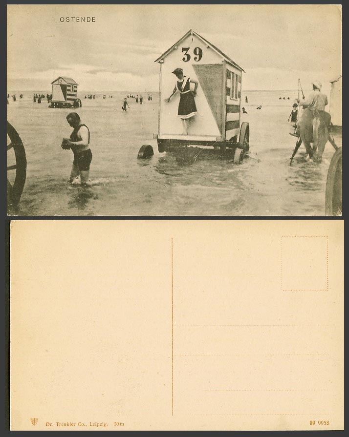 Belgium Ostende Oostende Beach Bather Lady at Bathing Machine No.39 Old Postcard