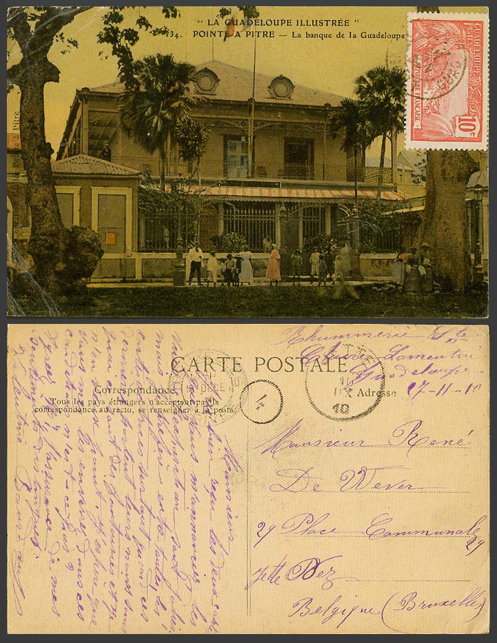 Guadeloupe 10c 1910 Old Postcard POINT A PITRE Banque de la Guadeloupe Bank Flag