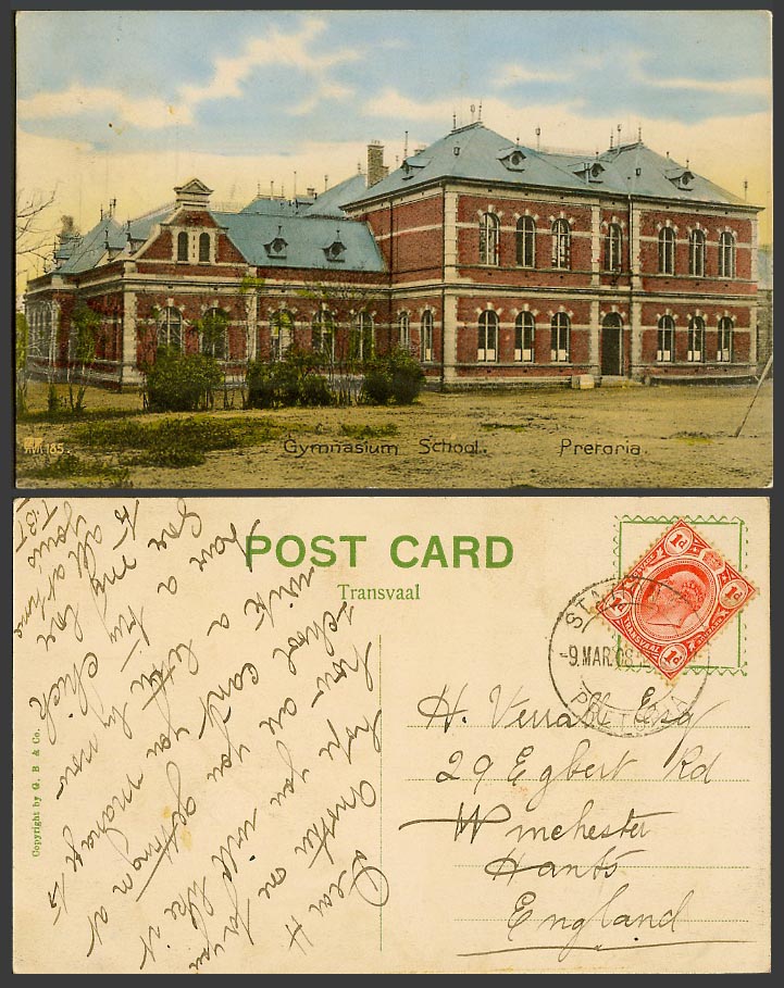 South Africa 1908 Old Postcard Pretoria GYMNASIUM SCHOOL, Transvaal KE7 1d stamp