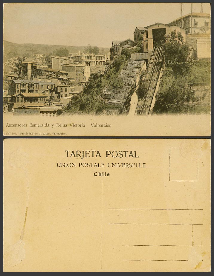 Chile Old Postcard Valparaiso Incline Railway Ascensore Esmeralda Reina Victoria