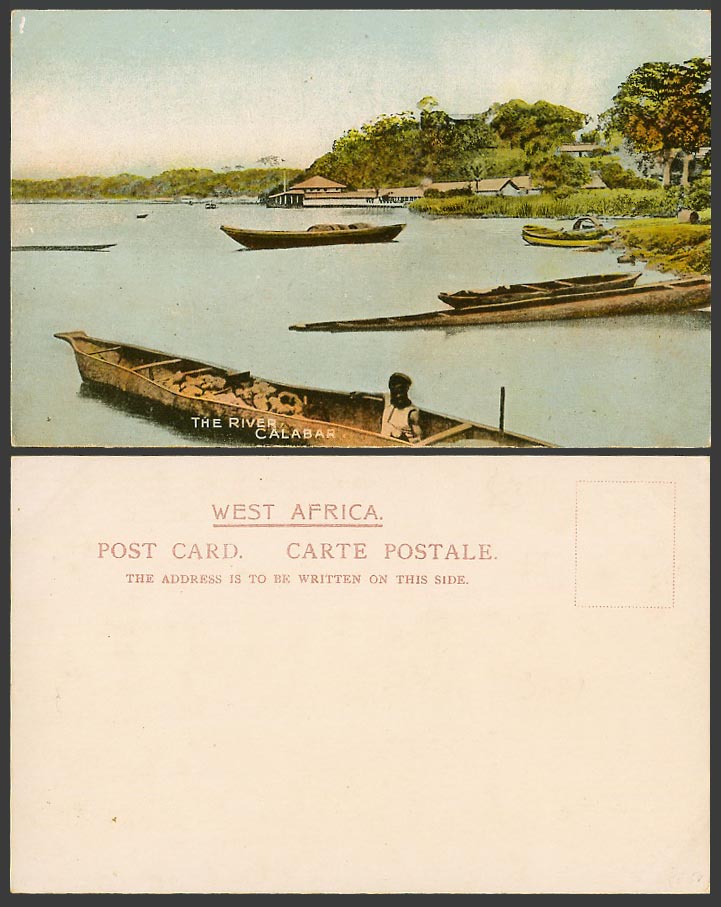 Nigeria Old Colour Postcard Calabar The River Native Canoe Boat Harbour Panorama