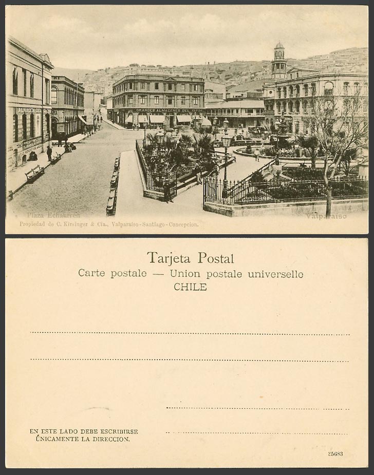 Chile Valparaiso Old UB Postcard Street Scene Alnacen del Globo Fountain Gardens