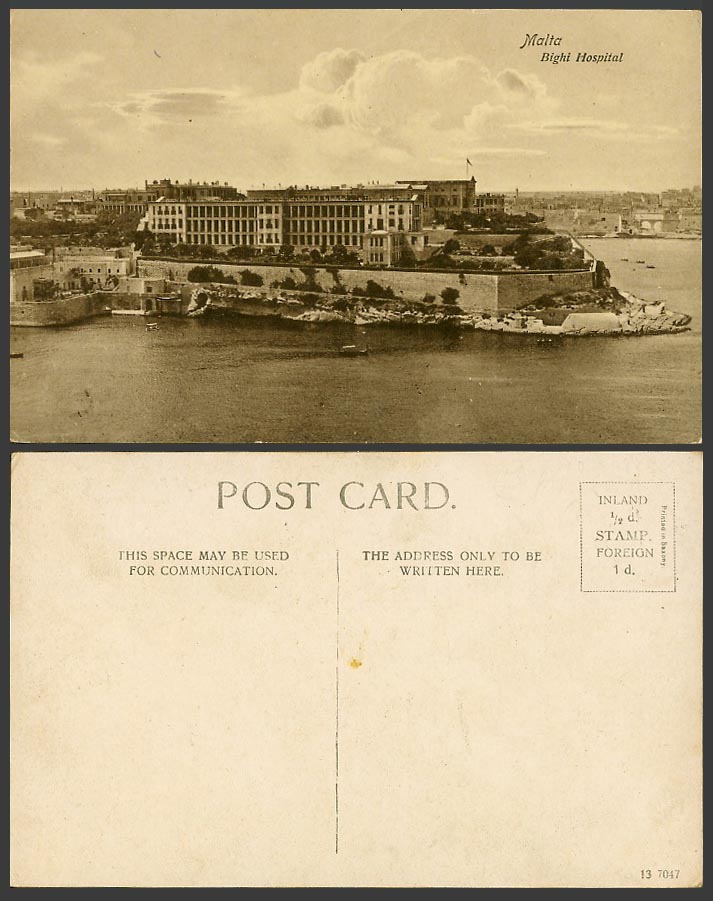 Malta Old Postcard BIGHI HOSPITAL Building Panorama General View Boats Harbour