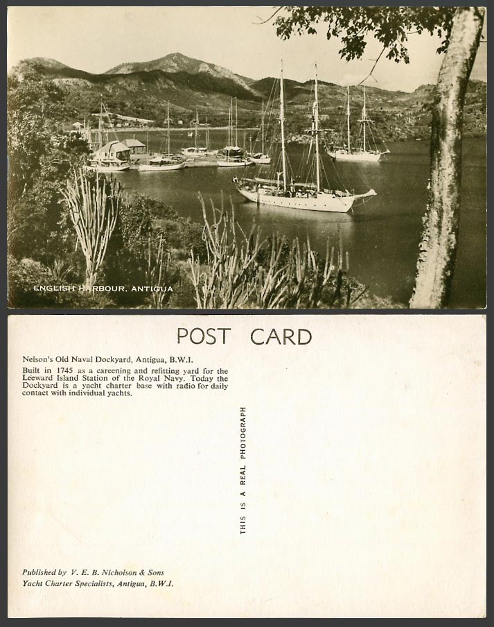 Antigua Vintage Real Photo Postcard English Harbour, Nelson's Old Naval Dockyard