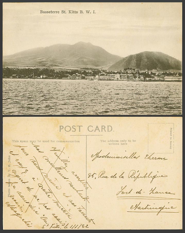 Saint St. Kitts 1932 Old Postcard Basseterre Panorama Hills, Photo by V. E. John