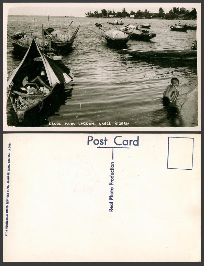 Nigeria Old Real Photo Postcard Canoe Park Lagoon Lagos Native Boats Boy Bathers