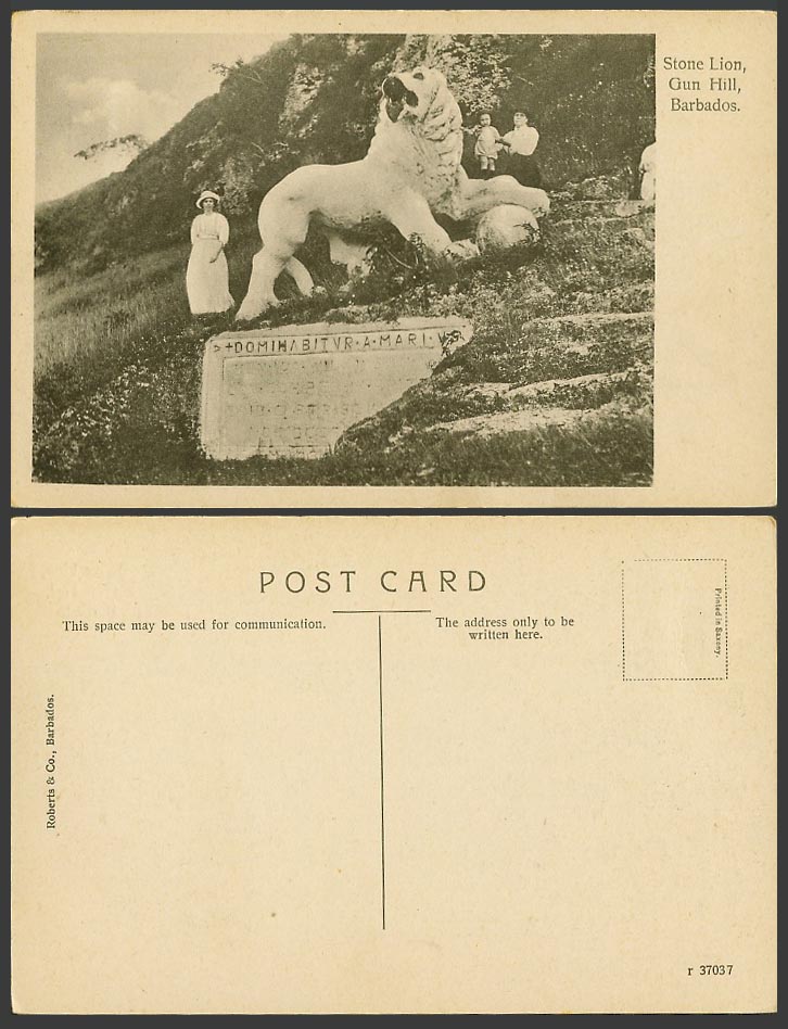 Barbados Old Postcard Stone Lion Statue Gun Hill Women Ladies Child Roberts & Co