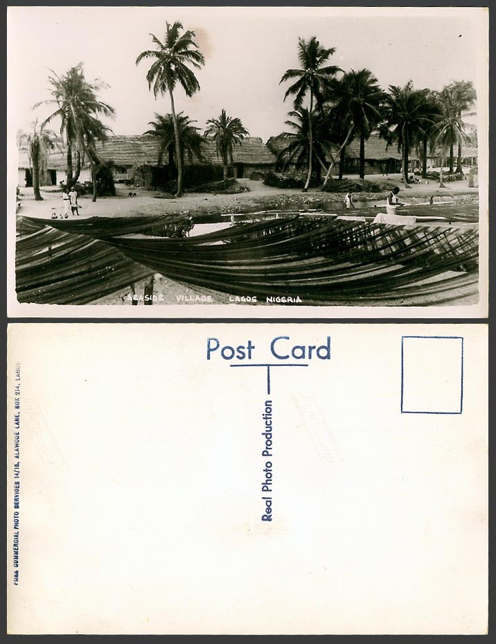 Nigeria Old Real Photo Postcard Seaside Village Lagos Fishing Nets Native Houses