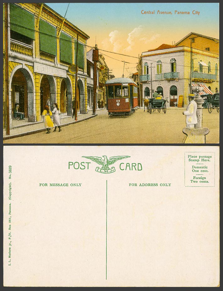 Panama Old Colour Postcard Central Avenue Street Scene TRAM No. 17 Tramway Carts