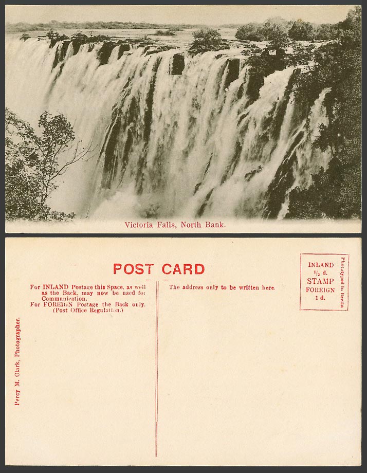 Rhodesia Old Postcard Victoria Falls, North Bank, Percy M. Clark Photographer