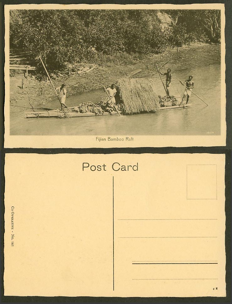 Fiji Old Postcard Native Men on Fijian Bamboo Raft Boat Ethnic, Co Operative 161