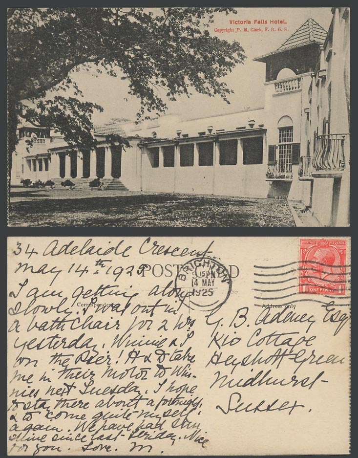 Rhodesia Victoria Falls Hotel, GB KG5 1d 1925 Old Postcard P. M. Clark, F.R.G.S.
