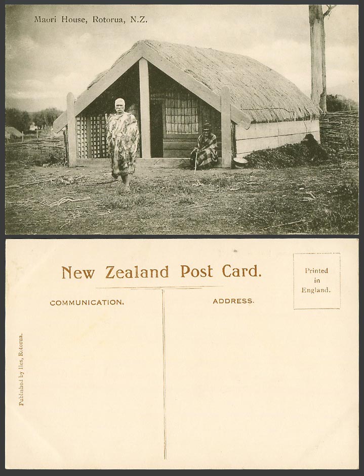 New Zealand Old Postcard Maori House Rotorua, Man in Traditional Costumes, Iles