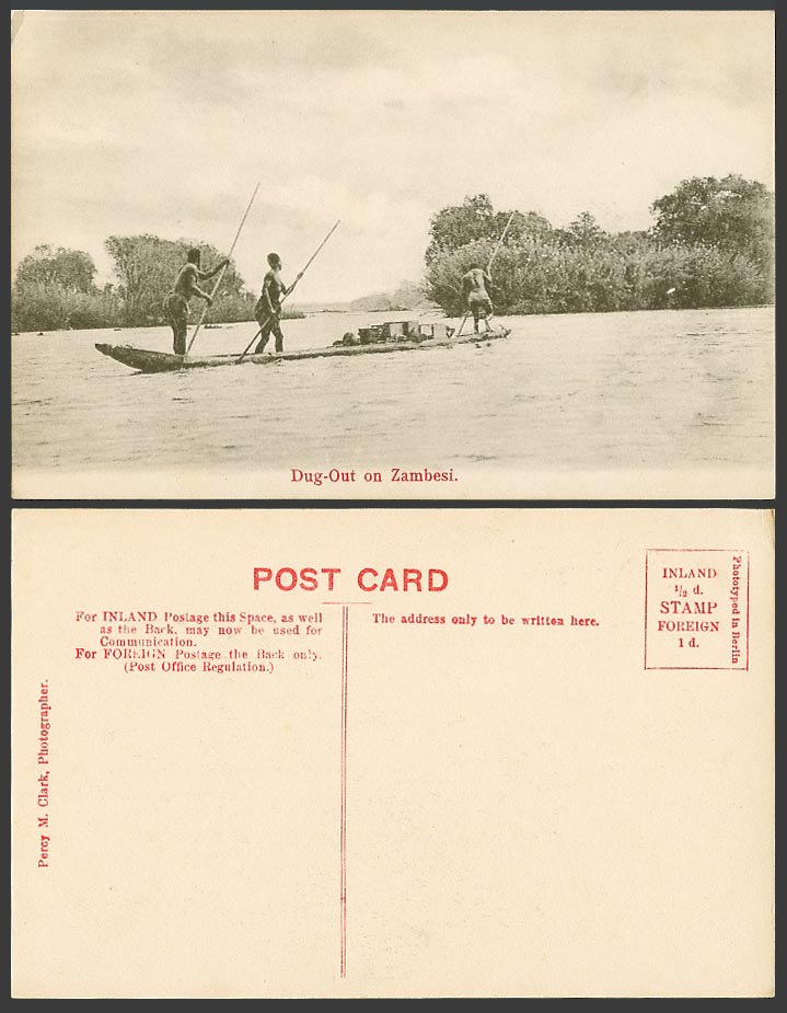 Rhodesia Old Postcard Dug-Out on Zambesi River Scene Native Men on Canoe Boat