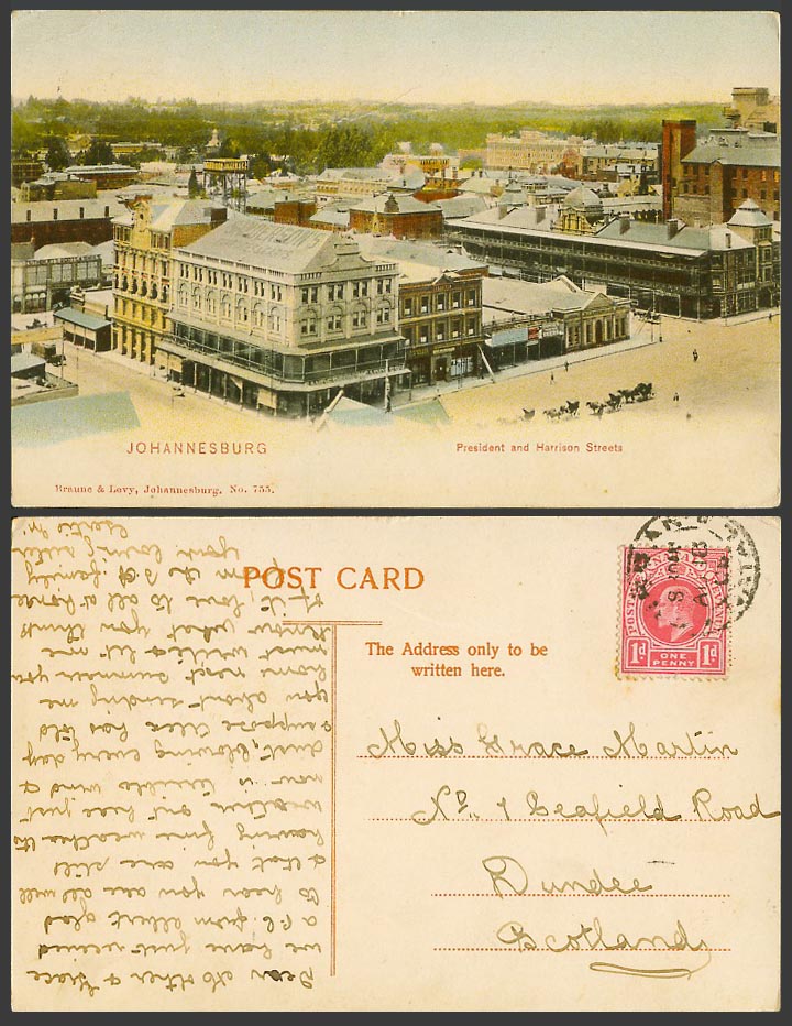 South Africa 1906 Old Postcard Johannesburg President and Harrison Streets Scene