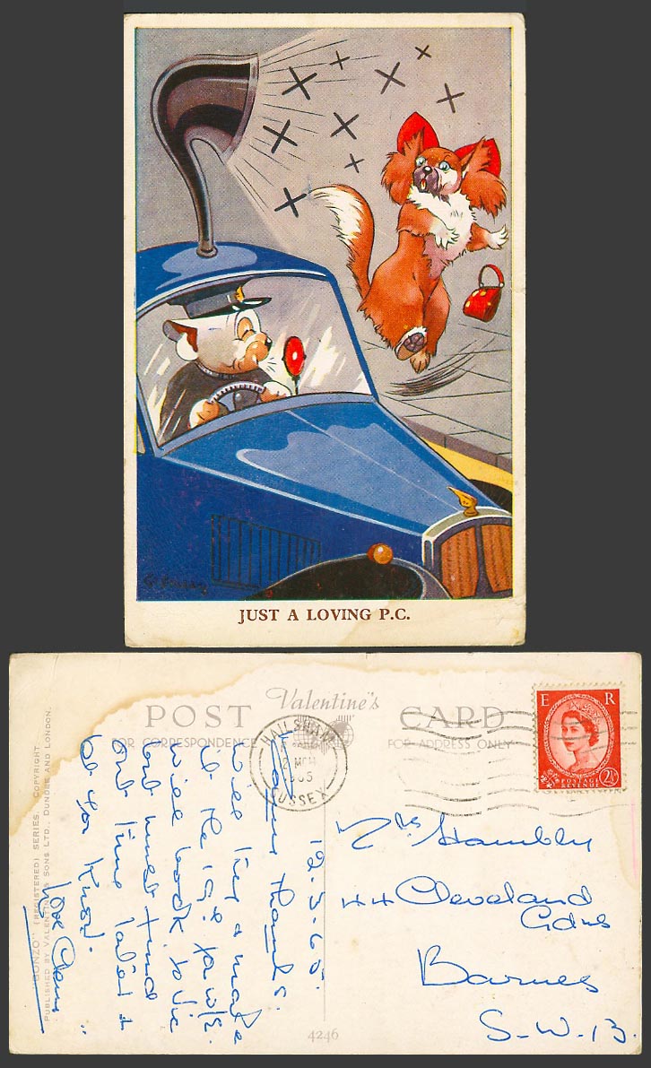 BONZO DOG GE Studdy 1965 Old Postcard Just a Loving P.C., Horn on Motor Car 4246