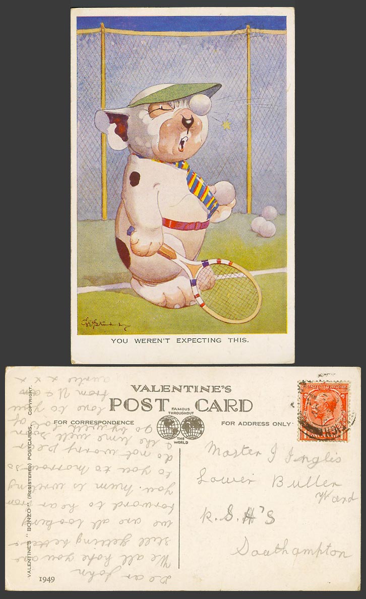 BONZO DOG GE Studdy Old Postcard You Weren't Expecting This Tennis Ball Net 1949