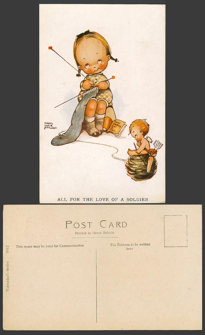 MABEL LUCIE ATTWELL Old Postcard Knitting, All for Love of a soldier Cupid 74012