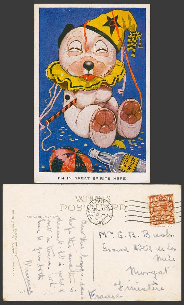 BONZO DOG GE Studdy 1927 Old Postcard Clown Puppy I'm in Great Spirits Here 1201