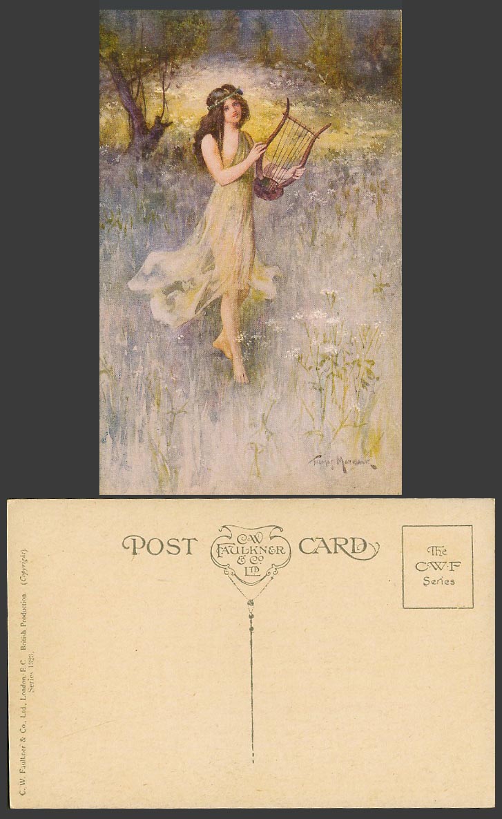 Thomas Maybank Artist Signed Old Postcard Glamour Lady Girl Woman with Lyra Harp