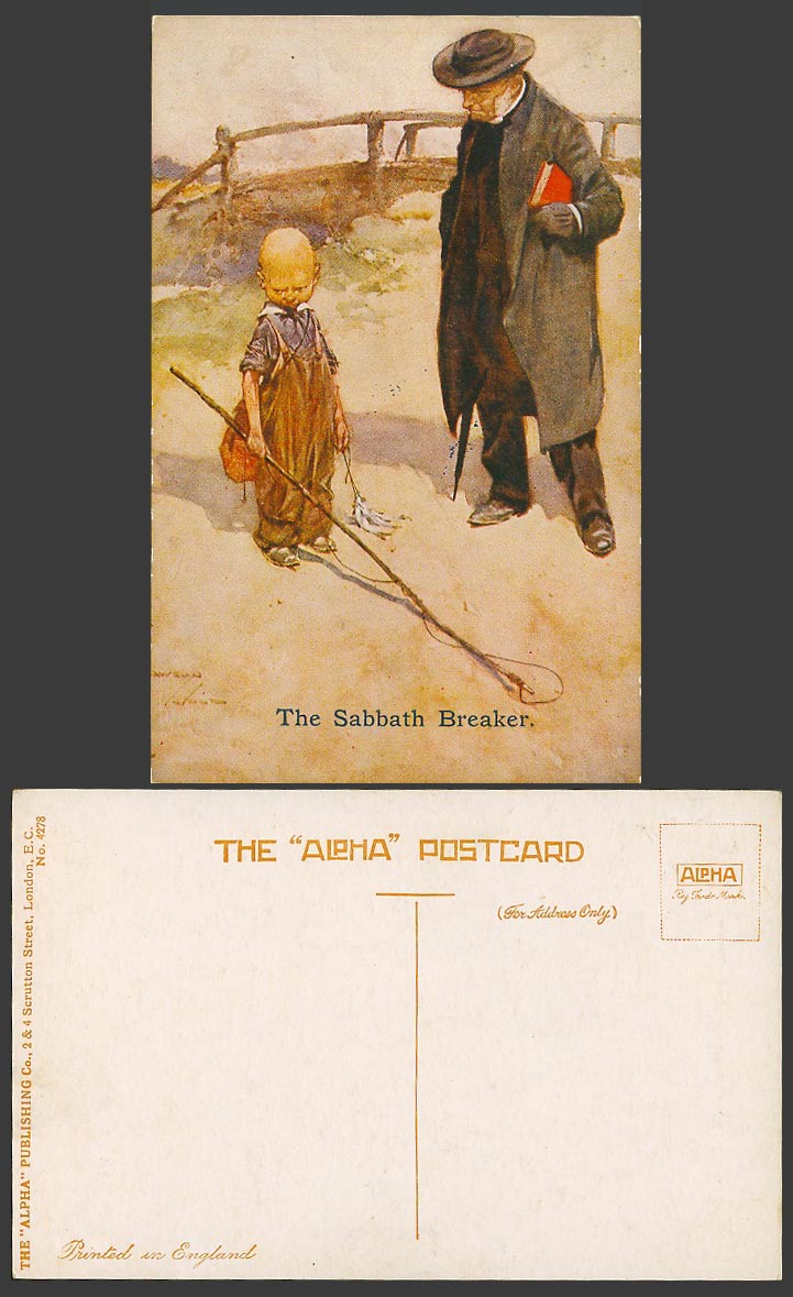 Lawson Wood Old Postcard The Sabbath Breaker, Boy with Fishing Rod, Fish, Priest
