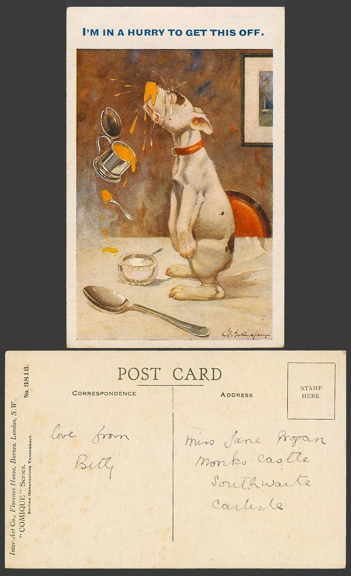 BONZO DOG GE Studdy c1920 Old Postcard I'm in a Hurry to Get This Off Sauce 3813