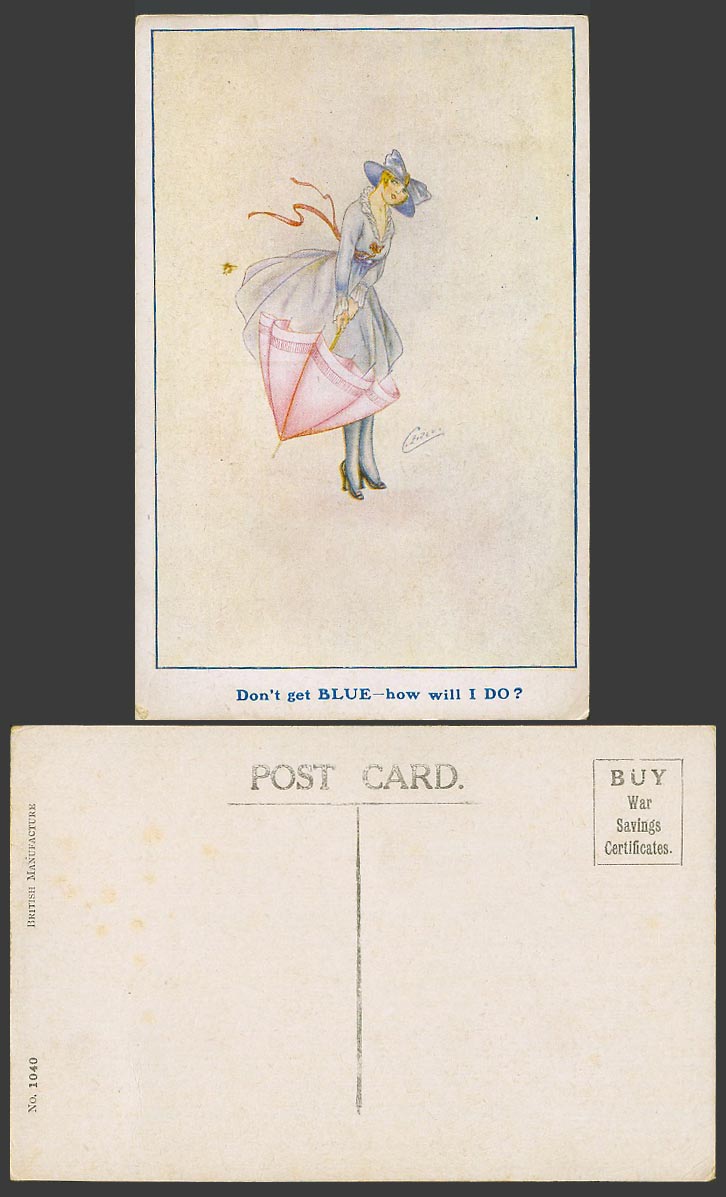 Glamour Lady & Umbrella Don't Get BLUE How Will I Do? Artist Signed Old Postcard