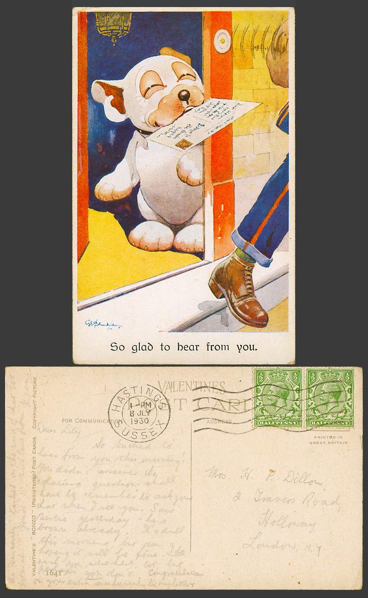 BONZO DOG G.E. Studdy 1930 Old Postcard Postman, So Glad to Hear From You. 1641