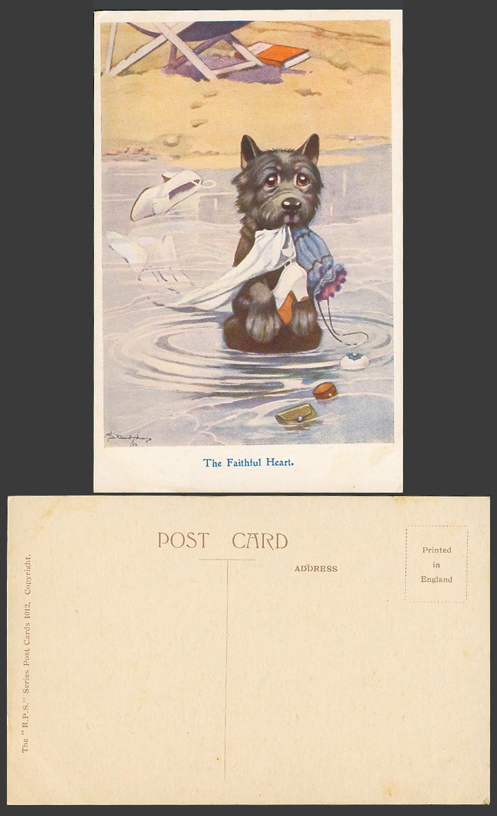 BONZO DOG GE Studdy c.1920 Old Postcard The Faithful Heart Puppy Beach Shoe 1012