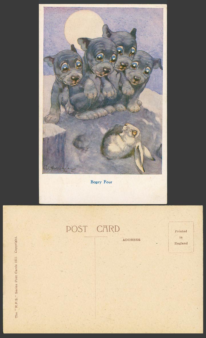 BONZO DOG GE Studdy c1920 Old Postcard BOGEY FOUR Puppies Bunny Rabbit Moon 1027