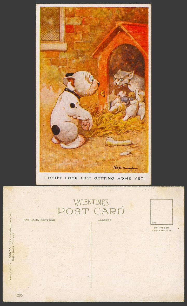BONZO DOG GE Studdy Old Postcard I Don't Look Like Getting Home Yet! Kitten 1206